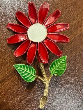 Vintage ART Arthur Pepper Brooch Red Enamel Daisy Flower 1960's Spring Large